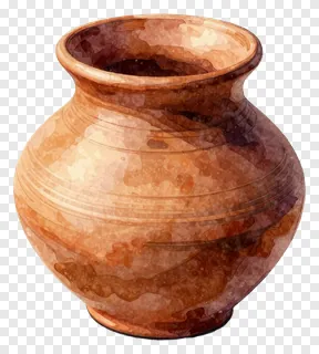 A watercolor-style clay pot for Durga Puja.