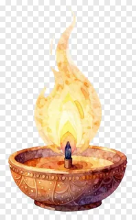 A watercolor-style diya with a bright flame.