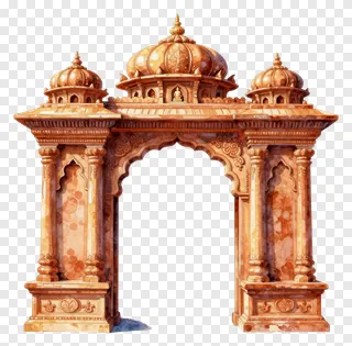 A watercolor-style Durga Puja mandap gate with detailed carvings and domes.