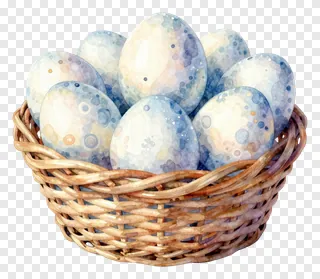 A basket filled with watercolor-painted eggs.