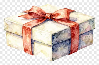 A watercolor-style gift box with a red bow.