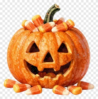 A watercolor-style jack-o-lantern decorated with candy corn.