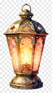 A watercolor-style lantern with star cutouts and a glowing candle inside.