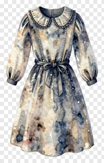 A watercolor dress with a patterned design and bow belt.
