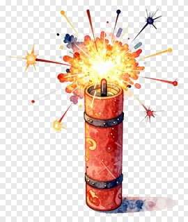 A red firecracker exploding with colorful sparks in watercolor style.