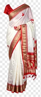 A white and red Bengali saree with gold detailing.