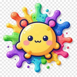A cute yellow sun character with a rainbow color powder splash around it.