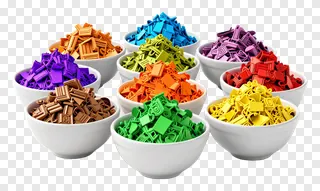 Nine bowls containing colorful gulal powder.