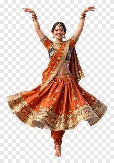 A woman dancing Garba in an orange lehenga with gold details.