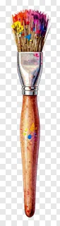 Paintbrush with colorful Holi paint splatters on wooden handle.