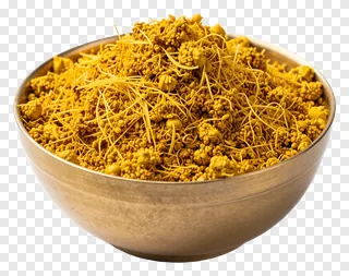 A metal bowl filled with yellow gulal powder.