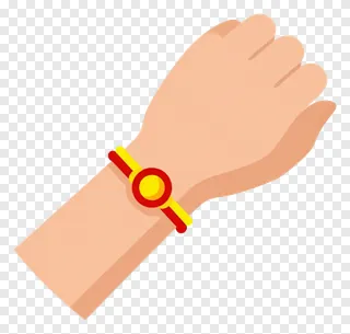 Hand with a red and yellow rakhi bracelet on wrist.