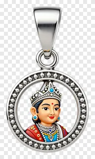 Silver pendant with illustrated figure wearing crown and jewelry.