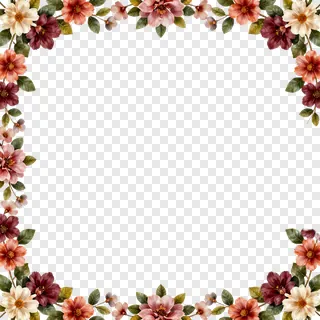 Floral border with autumn-colored flowers and leaves in the corners.