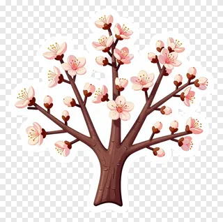 A tree branch with pink flowers and buds.