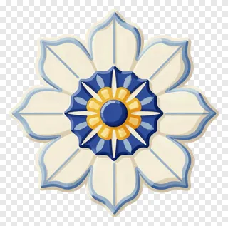 A ceramic tile flower with cream petals and a blue and yellow center.