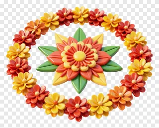 A circular wreath of colorful flowers with a central flower.