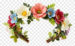 A colorful flower crown with pink, blue, and white blooms.