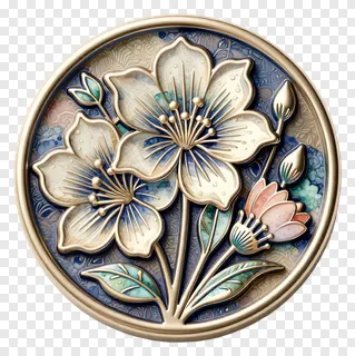 Circular gold metal badge with engraved floral design.