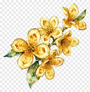 A cluster of golden flowers with green leaves on a branch.