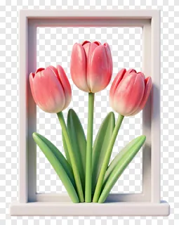 Pink tulips growing inside a window frame.