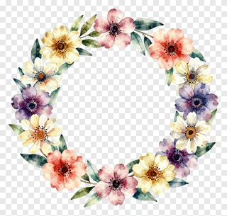 A watercolor wreath made of colorful flowers and green leaves.