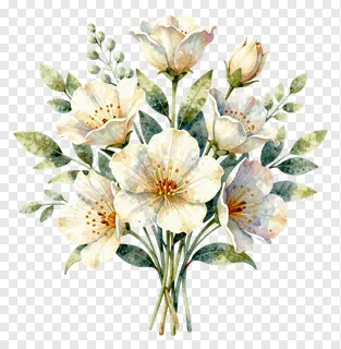 A watercolor bouquet of white flowers and green leaves.
