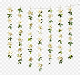 Hanging white floral garland with green leaves.