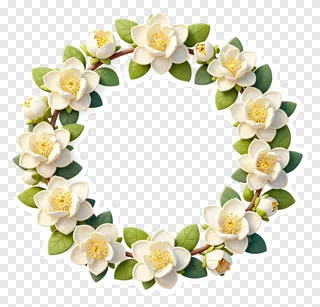 Circular wreath of white jasmine flowers and green leaves.