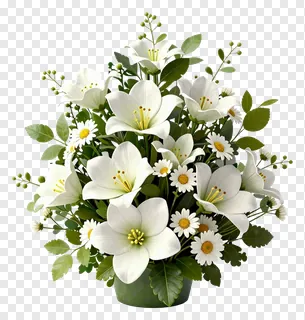 A bouquet of white lilies and daisies in a green vase.