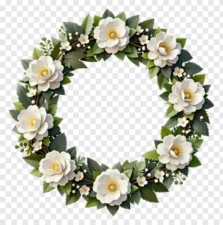 A white magnolia floral wreath with green leaves.