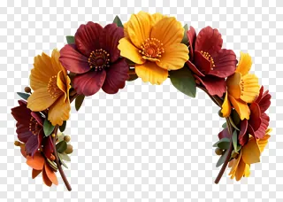 A decorative flower crown with red and gold flowers.