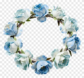 A blue and white flower crown with green leaves.