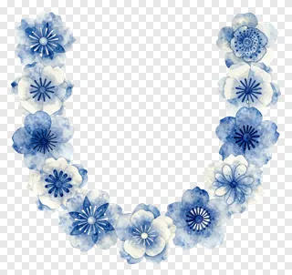 A U-shaped blue and white paper flower garland.