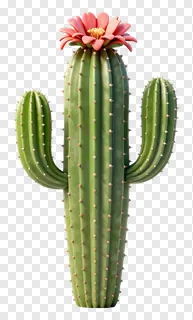 A green cactus topped with a pink flower.