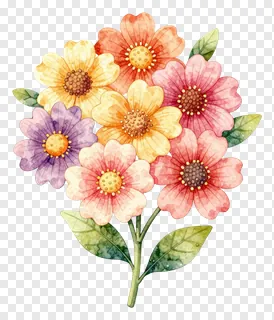 A cluster of colorful cartoon flowers with green leaves.
