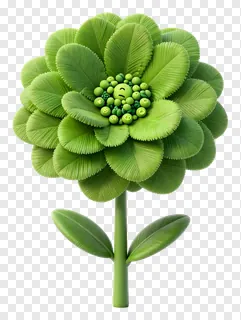 A green flower with leaf-shaped petals and a smiling face center.