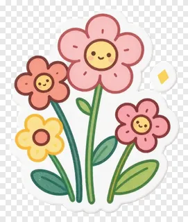 Three smiling cartoon flowers with green stems and leaves.