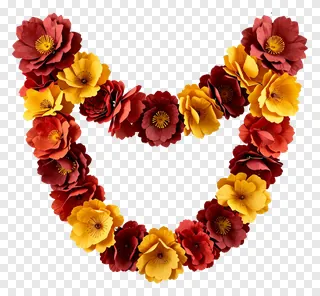 Heart-shaped garland of red and yellow paper flowers.