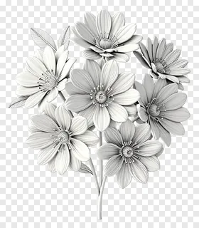 A bouquet of line-drawn flowers in grayscale.