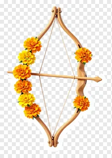Wooden bow adorned with marigold flowers.
