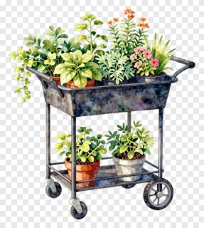 A wheeled cart filled with potted plants and herbs.