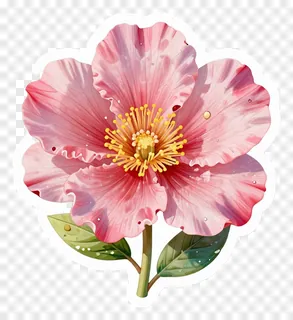 A pink camellia flower with green leaves.