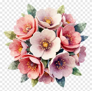 A bouquet of pink watercolor flowers with green leaves.