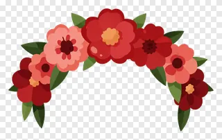 A decorative floral crown with red and pink flowers and green leaves.