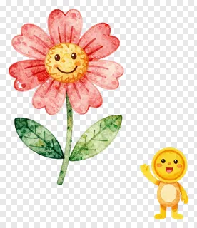 A smiling pink flower with a cartoon character waving beside it.