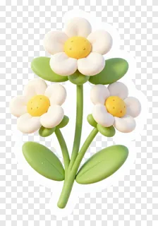 Three white kash flowers with yellow centers and green stems.