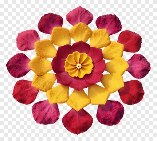 Circular mandala made of red and yellow flower petals.
