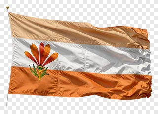 A waving flag with saffron, white, and orange stripes and a flower emblem.