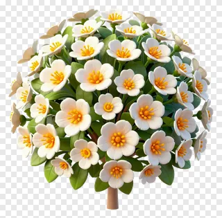A 3D-rendered tree with white flowers and green leaves.